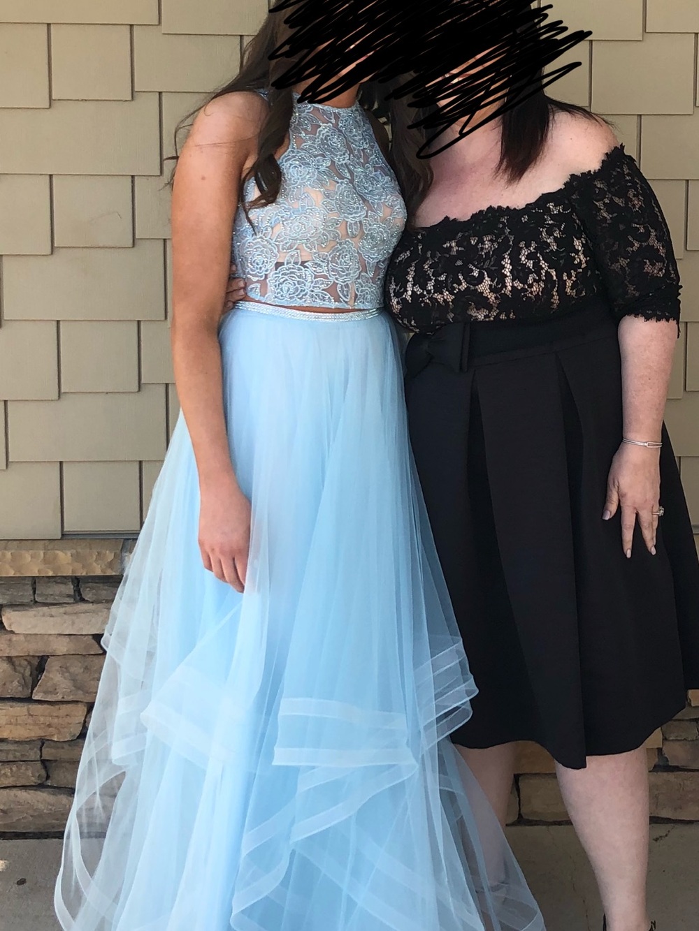 La Femme Light Blue Lace Halter Prom Dress